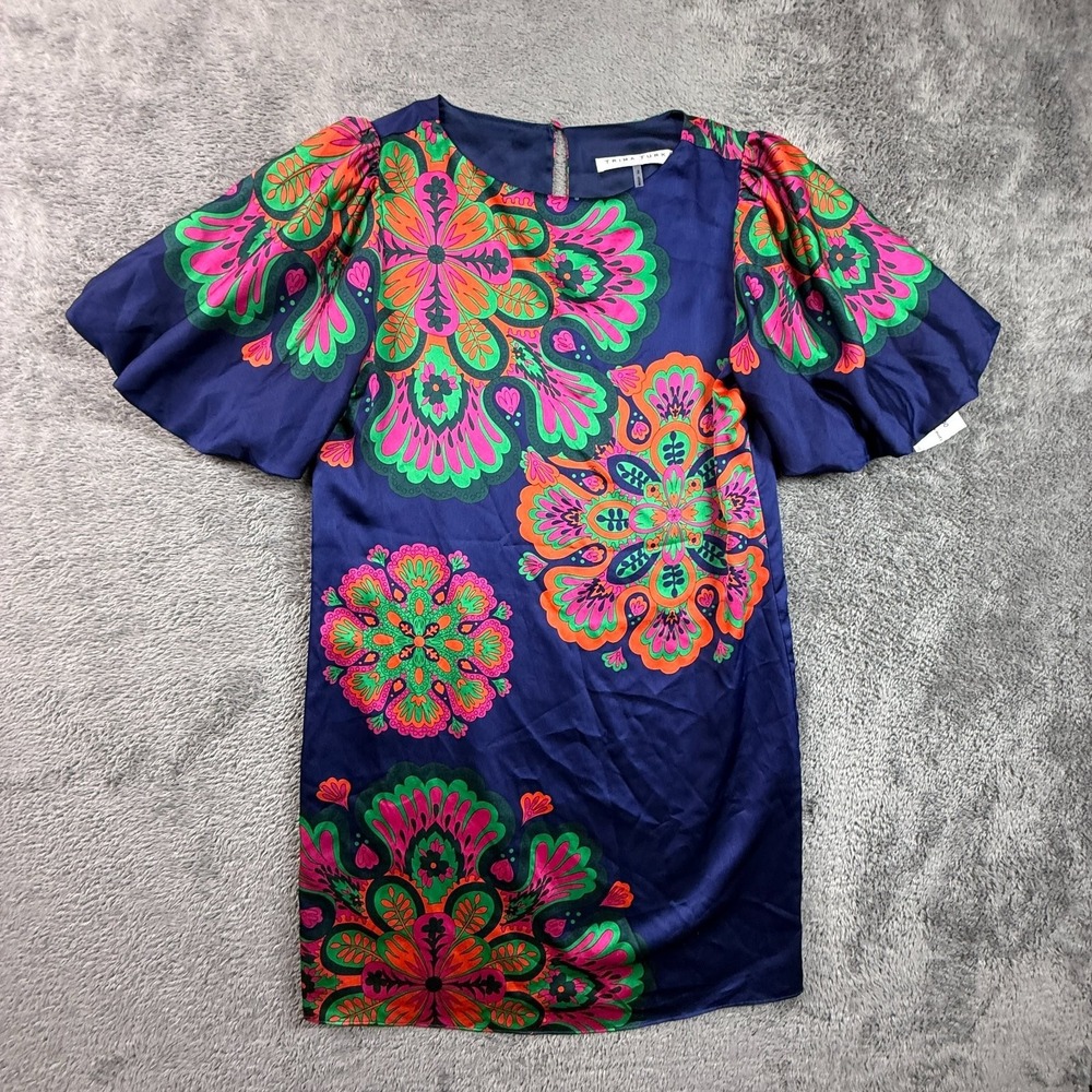 Trina Turk Size 2 Womens Puff Sleeve Mini Shift Dress Floral Navy Blue NWT